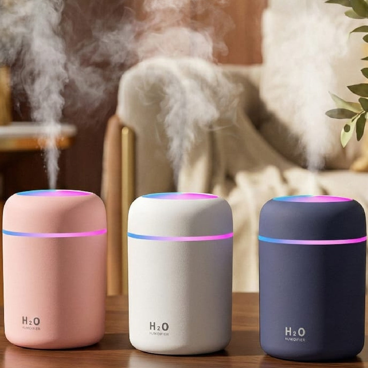Glow Mist Humidifier in pink, white and navy