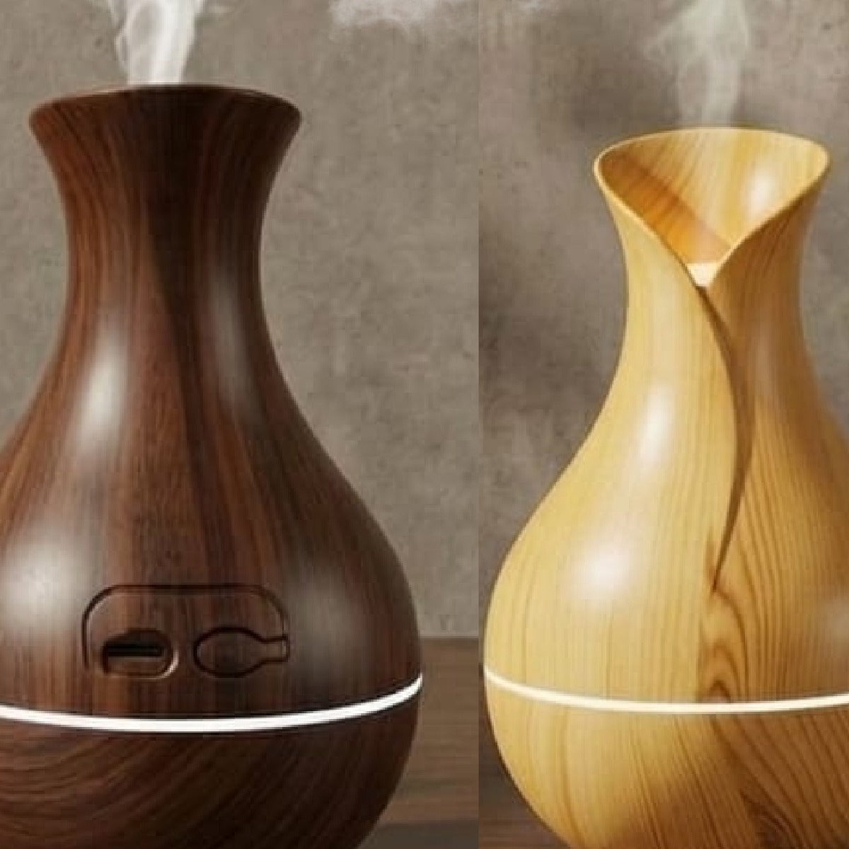 Wood Vase Mist Diffuser in dark and light wood